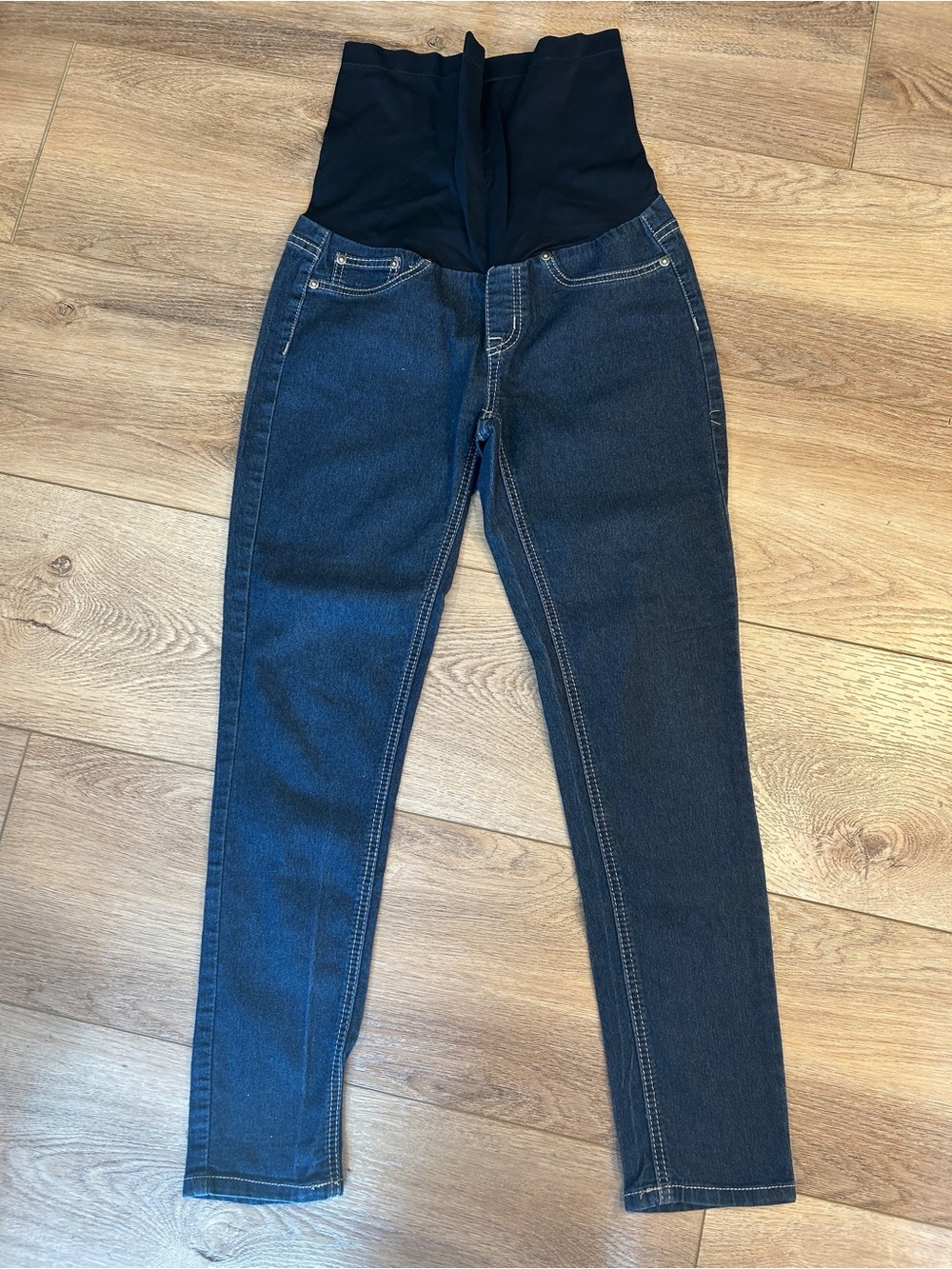Women’s Maternity Dark Blue Pull-On Jeans over belly skinny straight leg